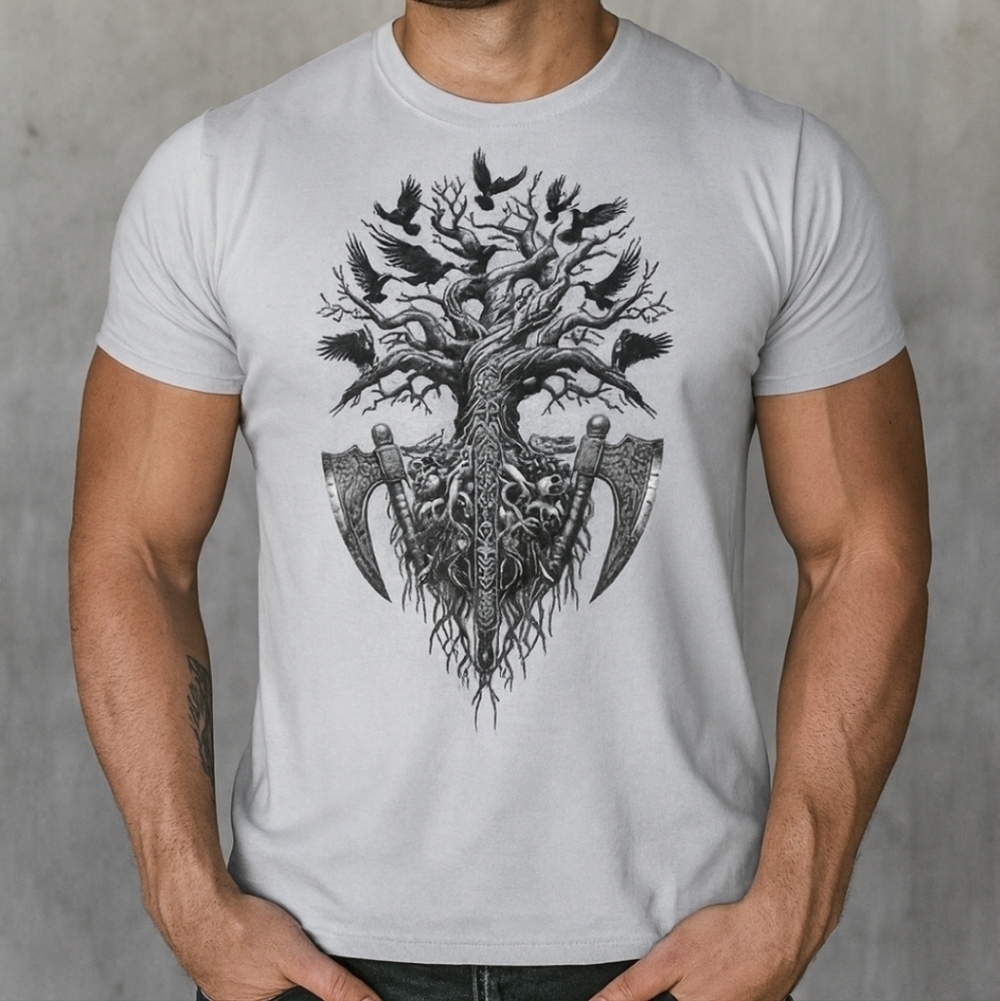 Viking Yggdrasil Tree Shirt • Norse Raven Axe Tee • Nordic Warrior Graphic - Picture 8 of 13